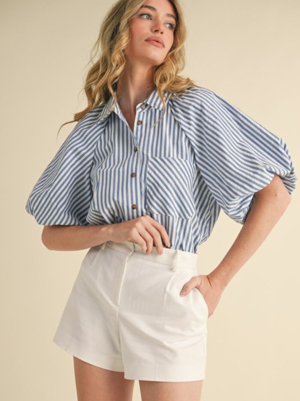 Blue and White Striped Bubble Sleeve Button Down Top